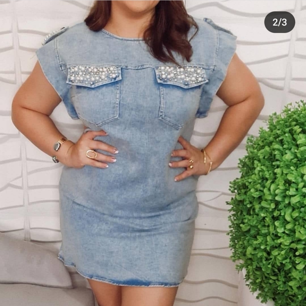 Denim Dress with Pearls